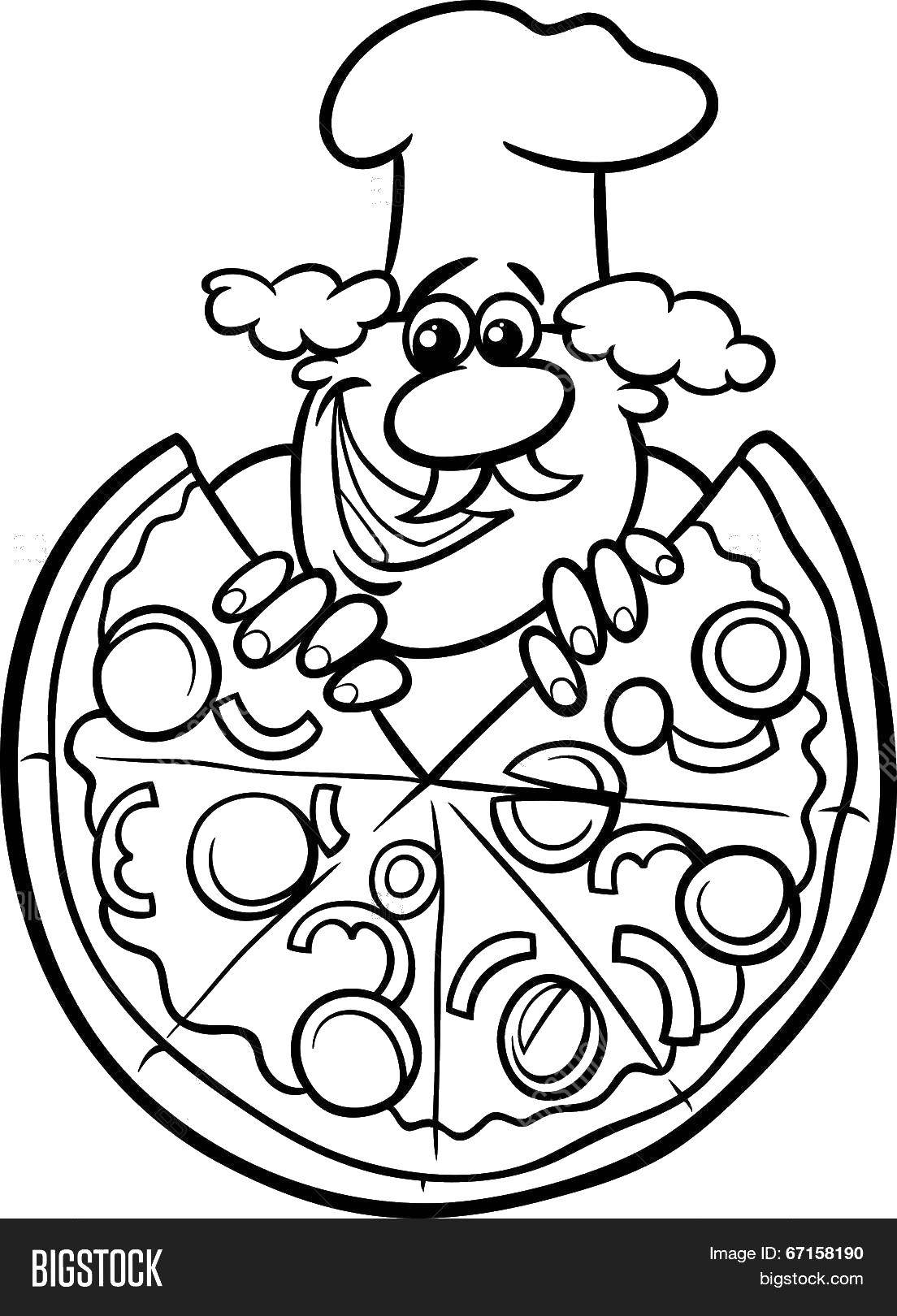 Название: Раскраска Повар и пицца. Категория: еда. Теги: повар, пицца, колпак.