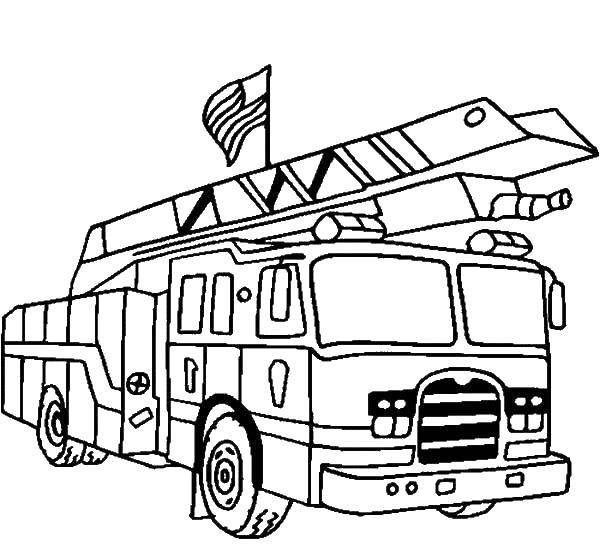 Название: Раскраска Пожарная машина и флажок. Категория: Огонь. Теги: машина, пожарные, флажок.