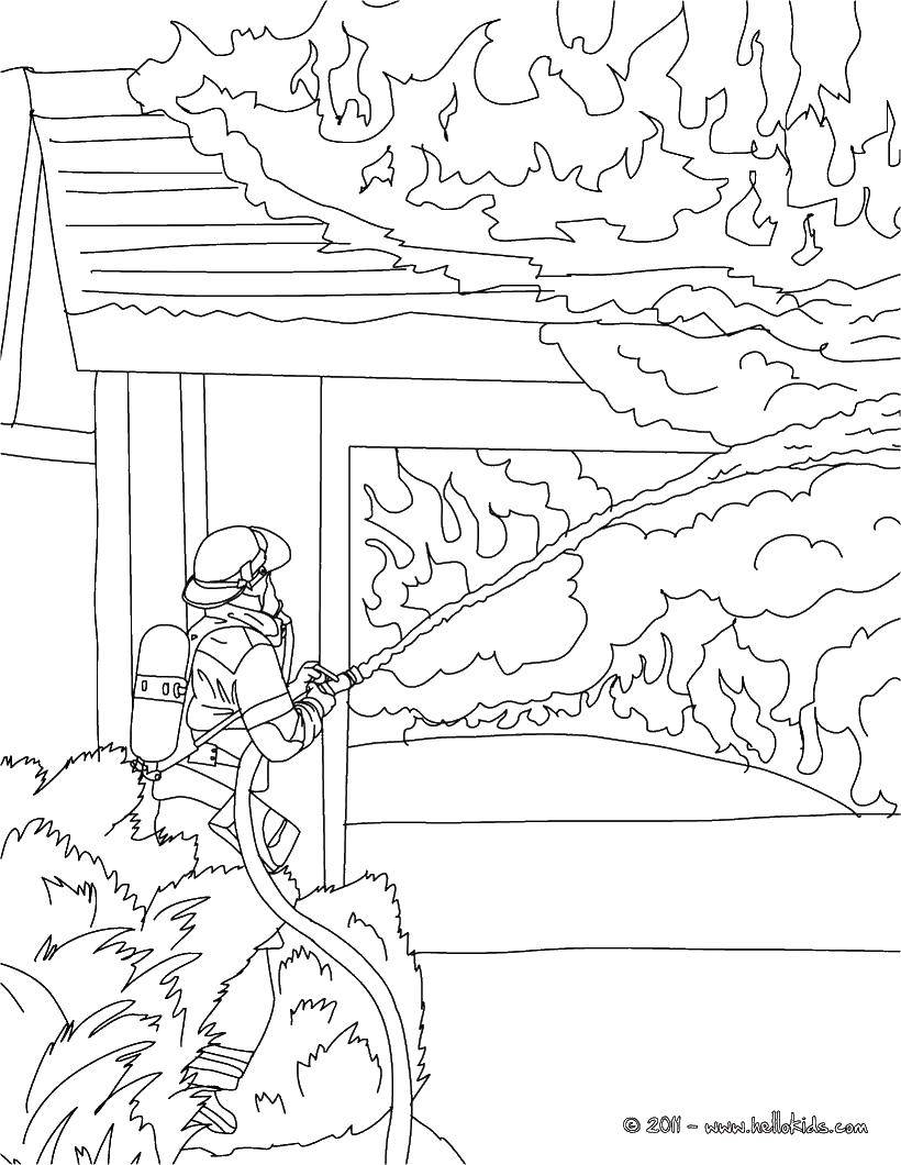 Coloring Firefighter and fire. Category Fire. Tags:  firefighter, hose, house, fire.