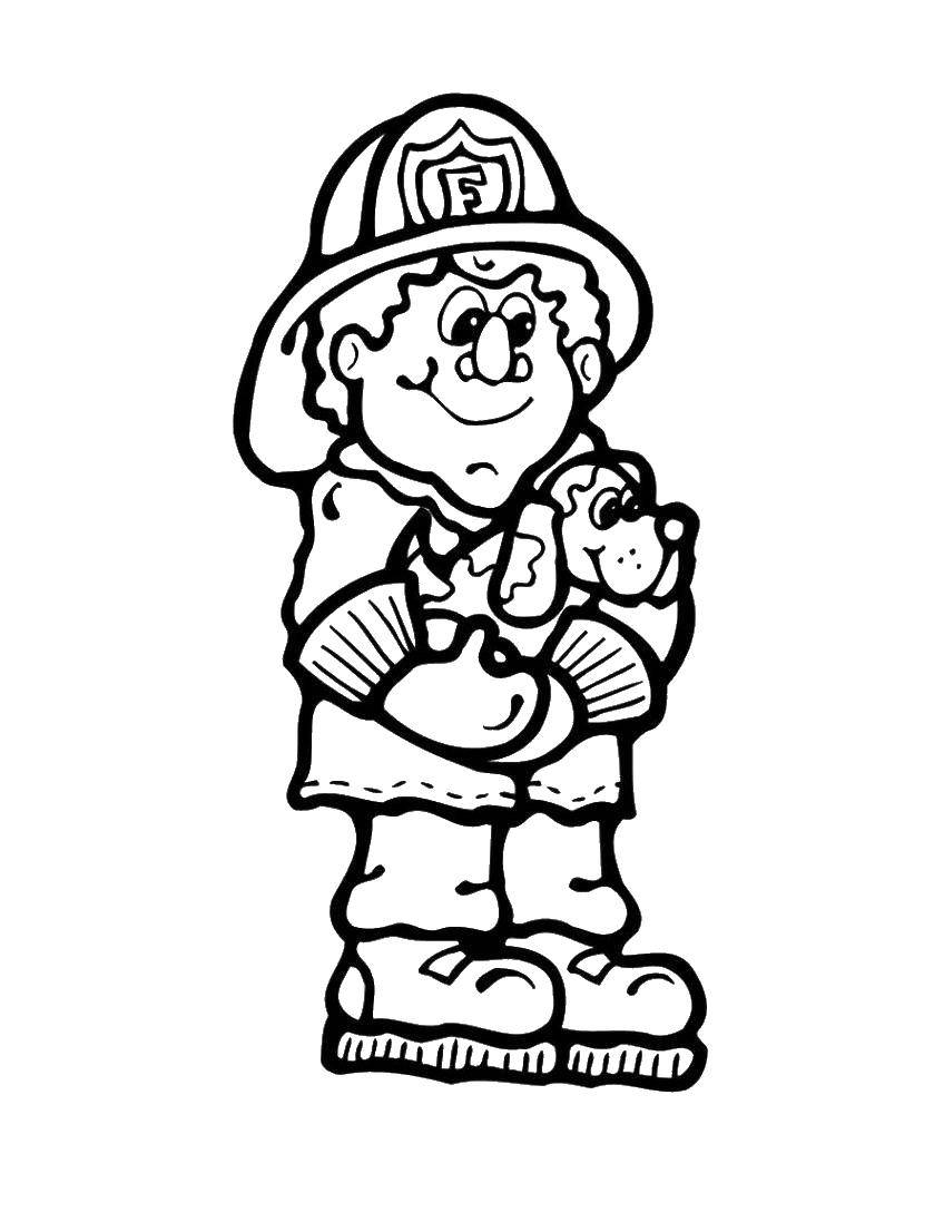 Coloring Fireman and dog. Category Fire. Tags:  fireman, dog, helmet.