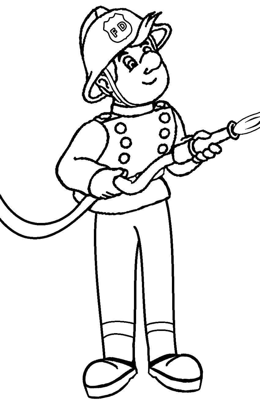 Coloring Firefighter with hose. Category Fire. Tags:  fire, fireman, hose, fire.