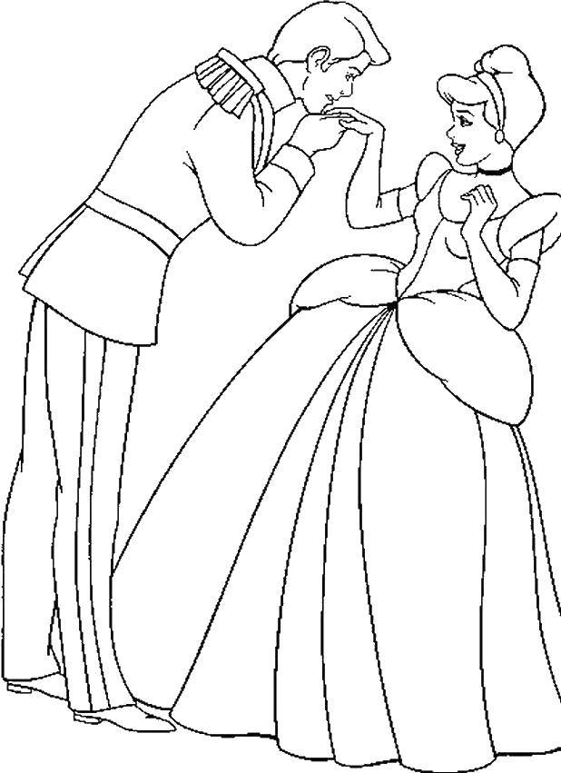 Coloring The Prince kissing the hand of Cinderella. Category Disney cartoons. Tags:  Cinderella, Prince, dress.