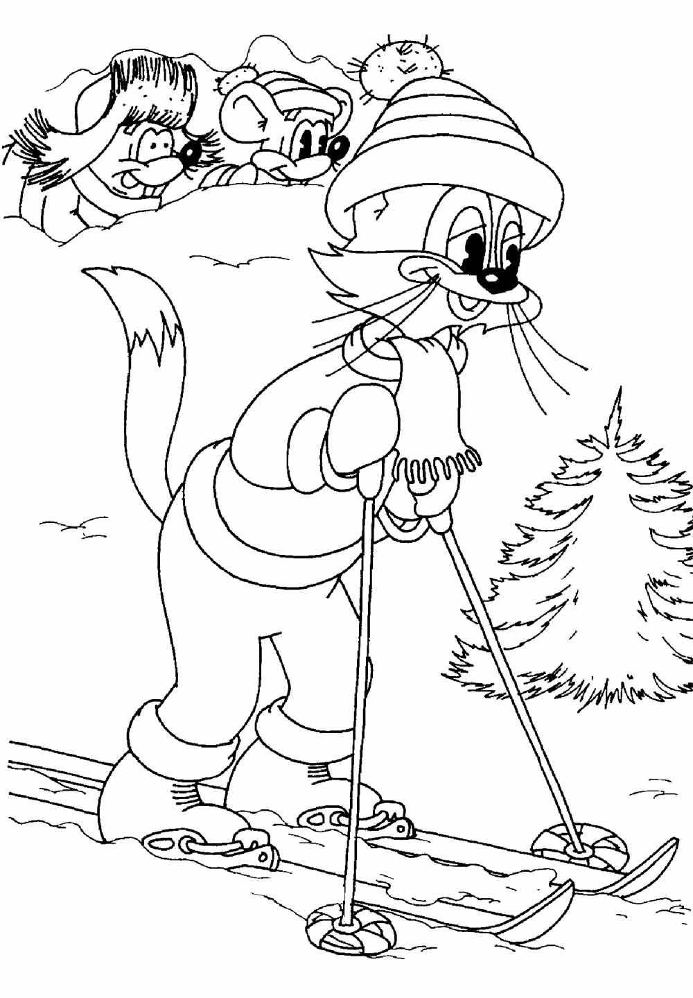 Название: Раскраска Рисунок кот леопольд на лыжах. Категория: домашние животные. Теги: кошка, кот.