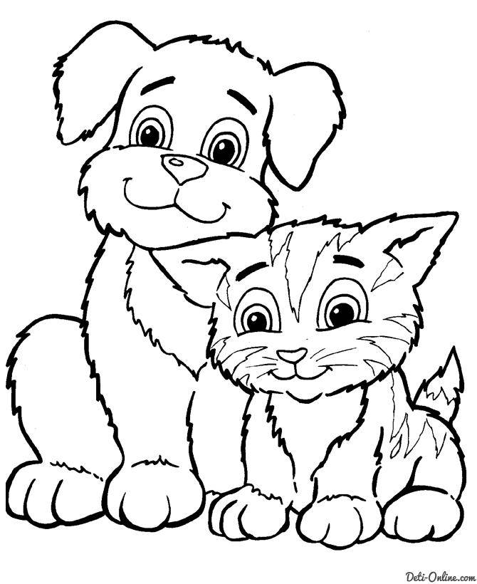 Название: Раскраска Рисунок котенок и собака. Категория: домашние животные. Теги: кот, собака.