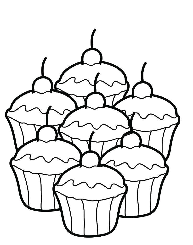 Coloring Seven cupcakes. Category sweets. Tags:  cakes, cherry, sweets.