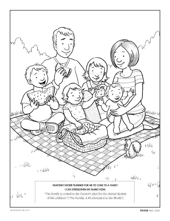Название: Раскраска Семья и пикник. Категория: раскраски. Теги: мама, папа, корзина, фрукты.