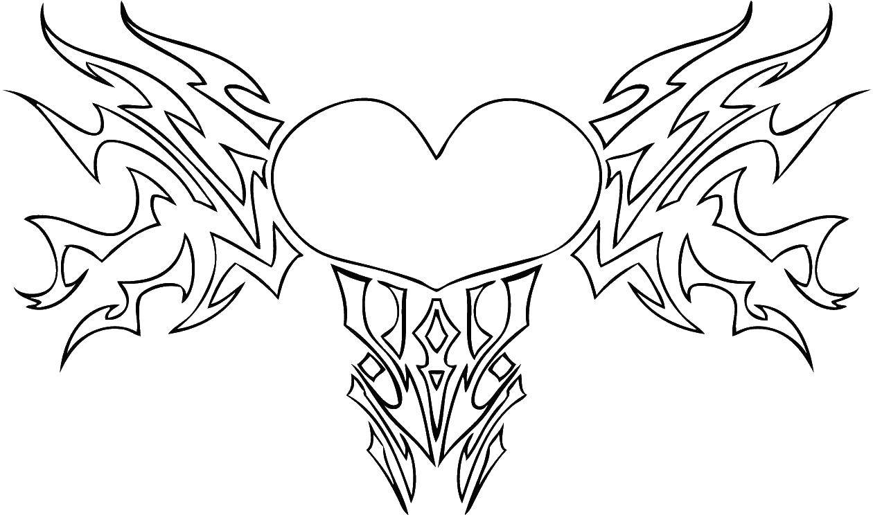 Coloring Heart and tongues of flame. Category coloring. Tags:  heart, wings.