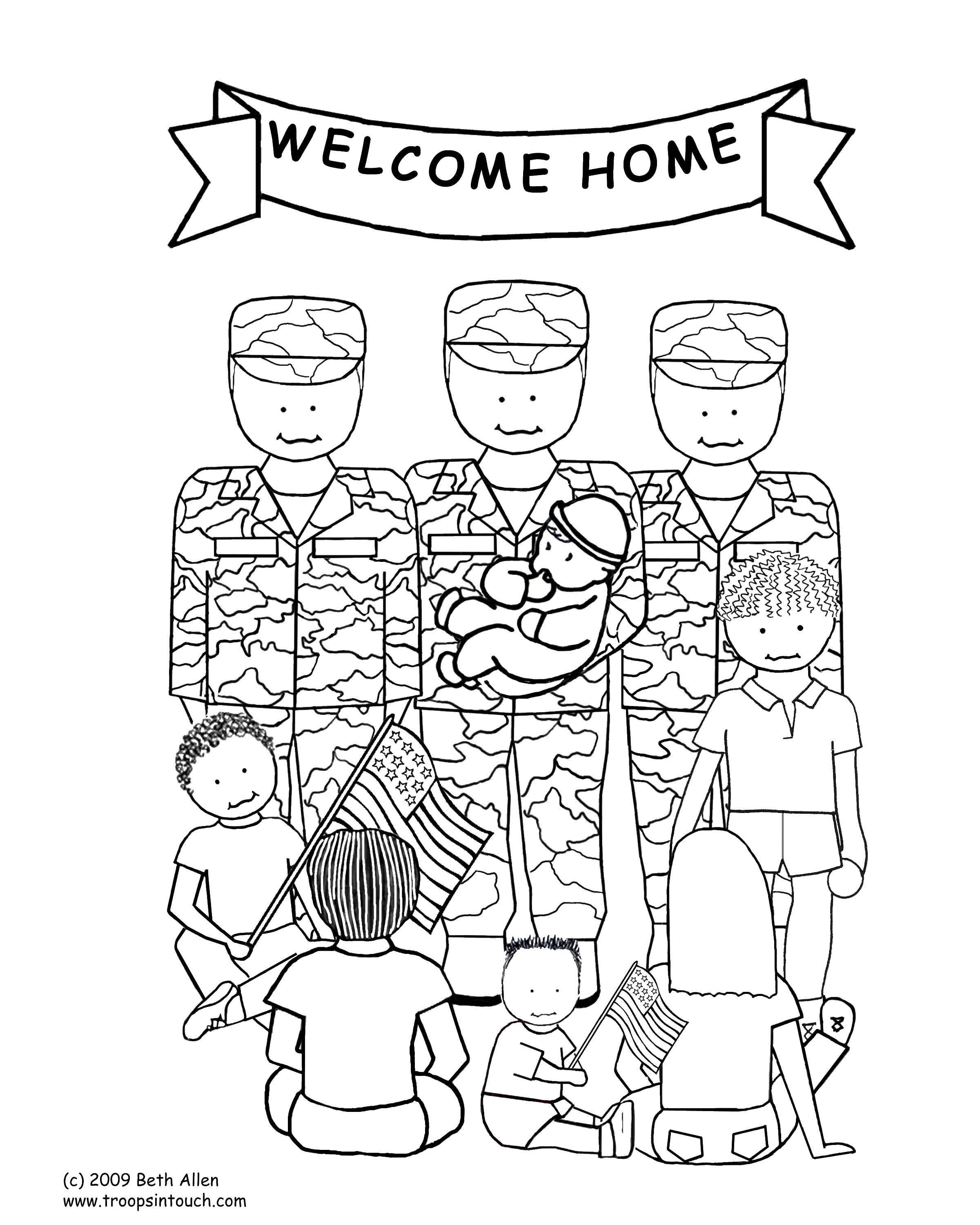 Coloring Soldiers and children. Category coloring. Tags:  soldiers, children, flags.