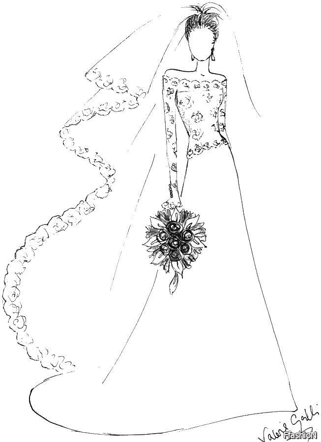 Название: Раскраска Свадебное платье и букет. Категория: свадебные платья. Теги: платье, фата, букет.