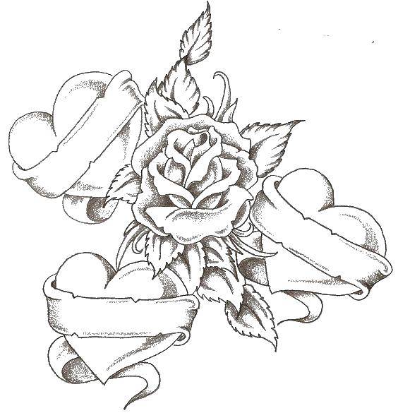 Название: Раскраска Три сердца и роза. Категория: Сердечки. Теги: сердце, роза, лента.