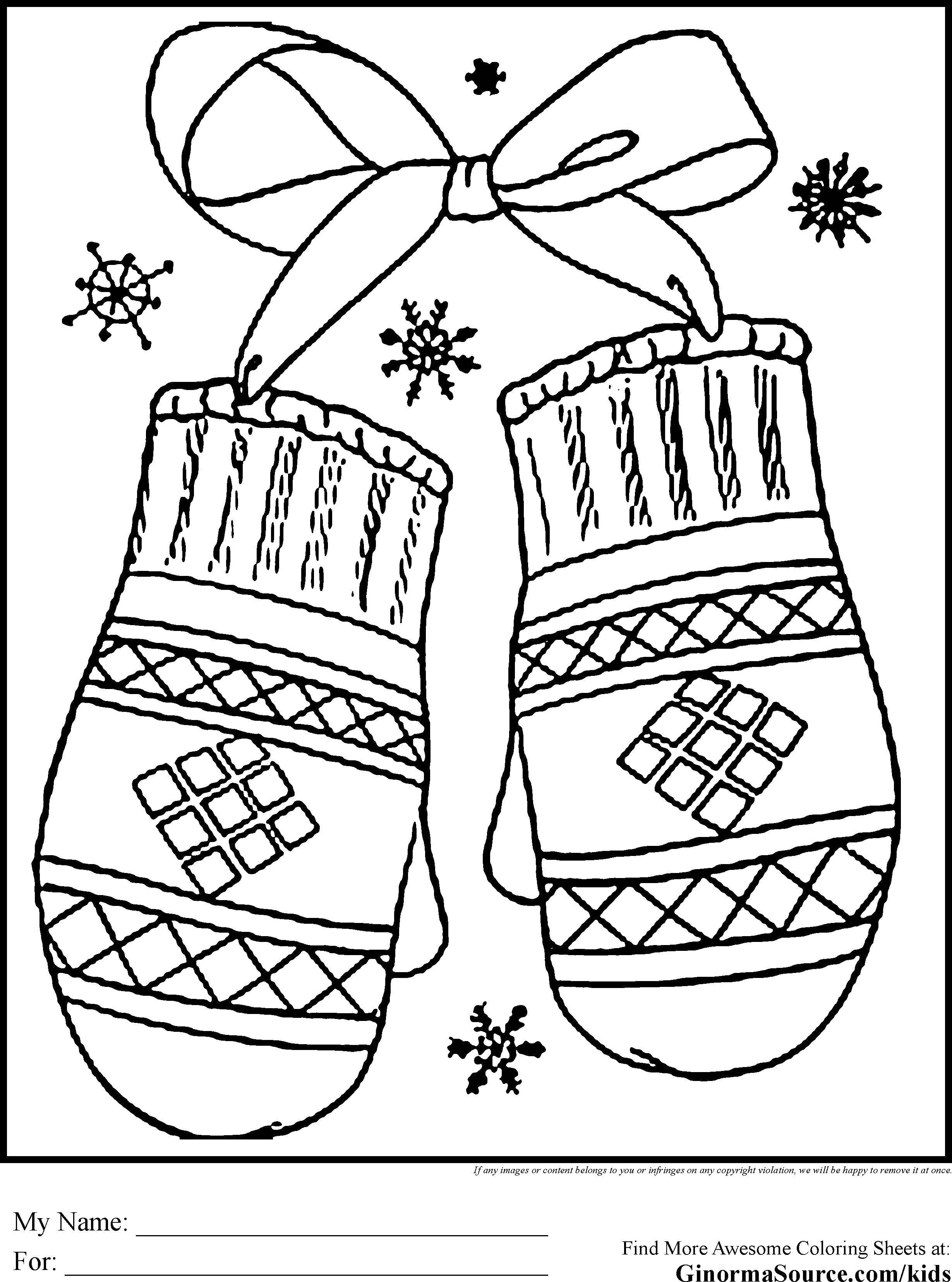 Coloring Mittens and snowflakes. Category winter. Tags:  mittens, snowflakes, bow.