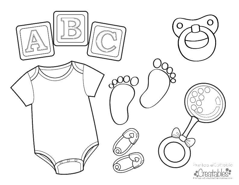 Coloring Things for baby. Category children. Tags:  bodysuit, pacifier, rattle.