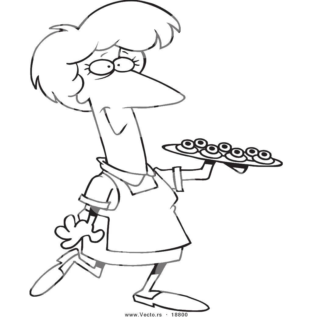 Coloring The woman and a plate of cookies. Category people. Tags:  the woman, an apron, a bowl, cookies.