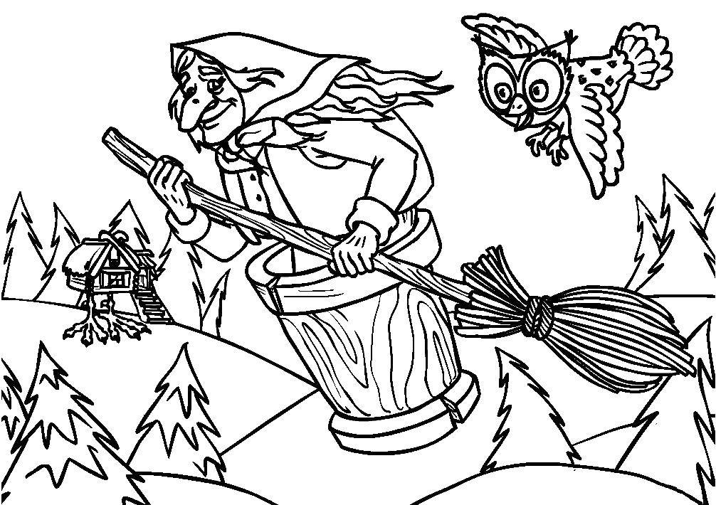 Coloring Baba Yaga in a bucket with a broom. Category Baba Yaga. Tags:  Baba Yaga, bucket, broom.