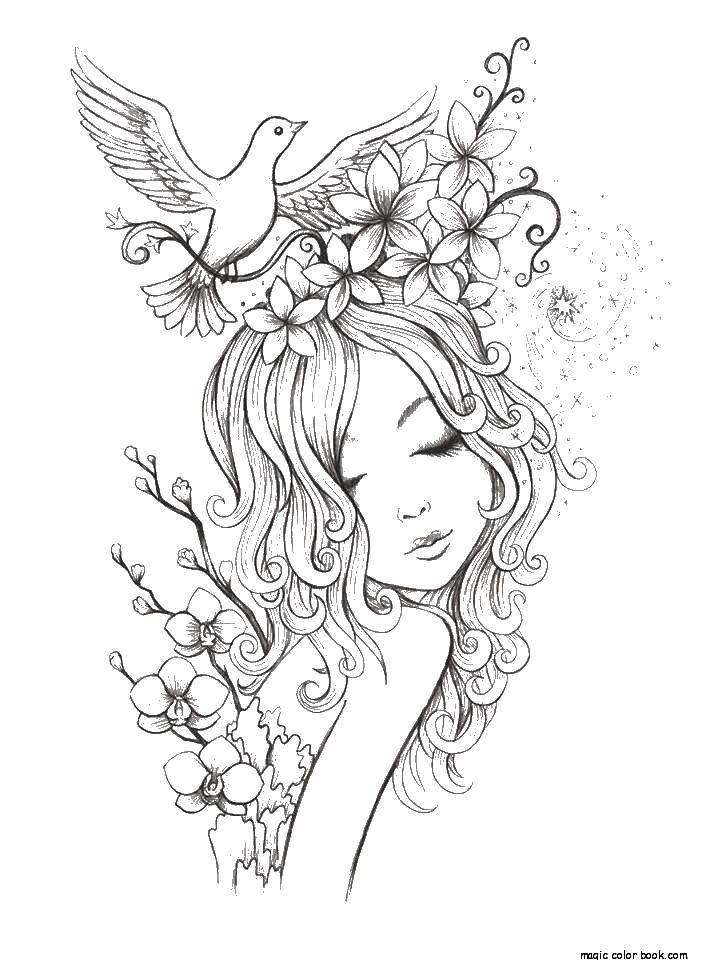 Название: Раскраска Девочка с цветочками и птичкой. Категория: девушка. Теги: девушка, цветы, птичка.