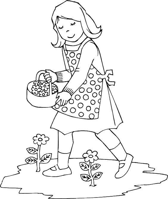 Coloring Girl picking flowers. Category flowers. Tags:  flowers, girl.