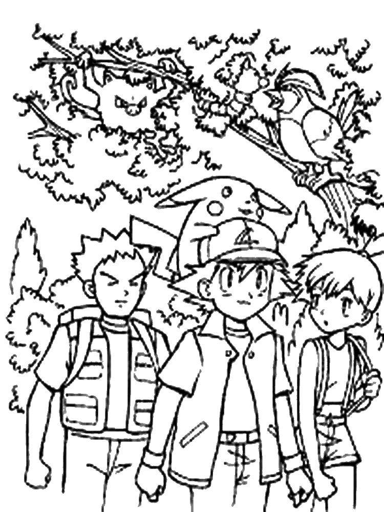Название: Раскраска Эш кетчум и покемоны. Категория: покемоны. Теги: дети, покемоны, деревья.