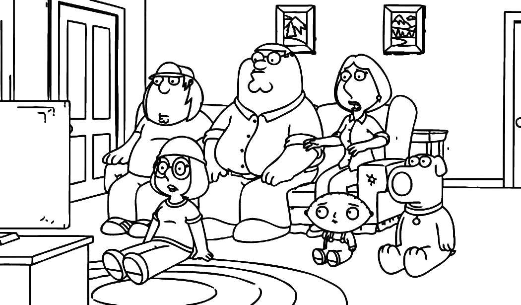 Название: Раскраска Гриффины смотрят телевизор. Категория: Члены семьи. Теги: Гриффины, мультфильм.