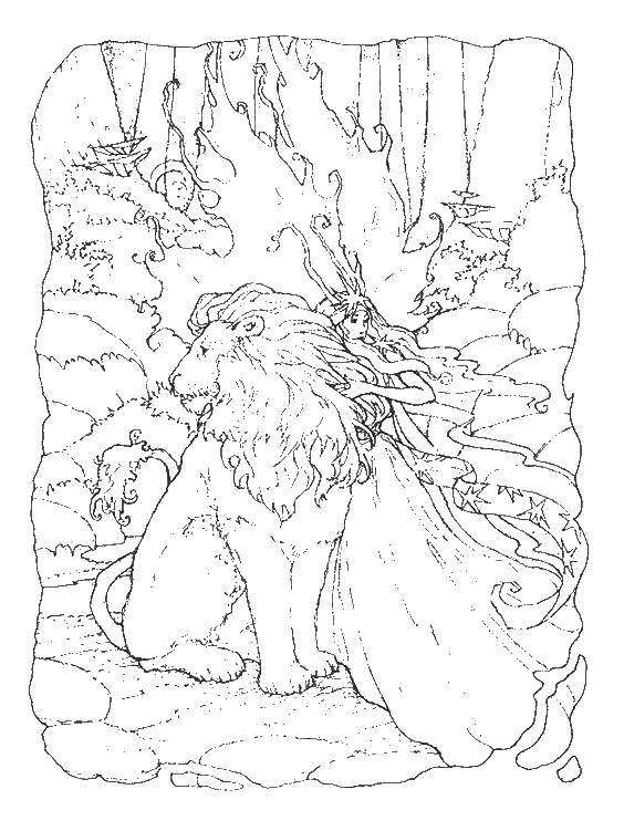 Название: Раскраска Лесная фея с царем зверей. Категория: Для подростков. Теги: Фея, лес, сказка, лев.