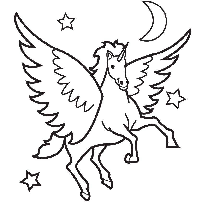 Название: Раскраска Летающий конь. Категория: раскраски. Теги: пегас, небо, крылья.