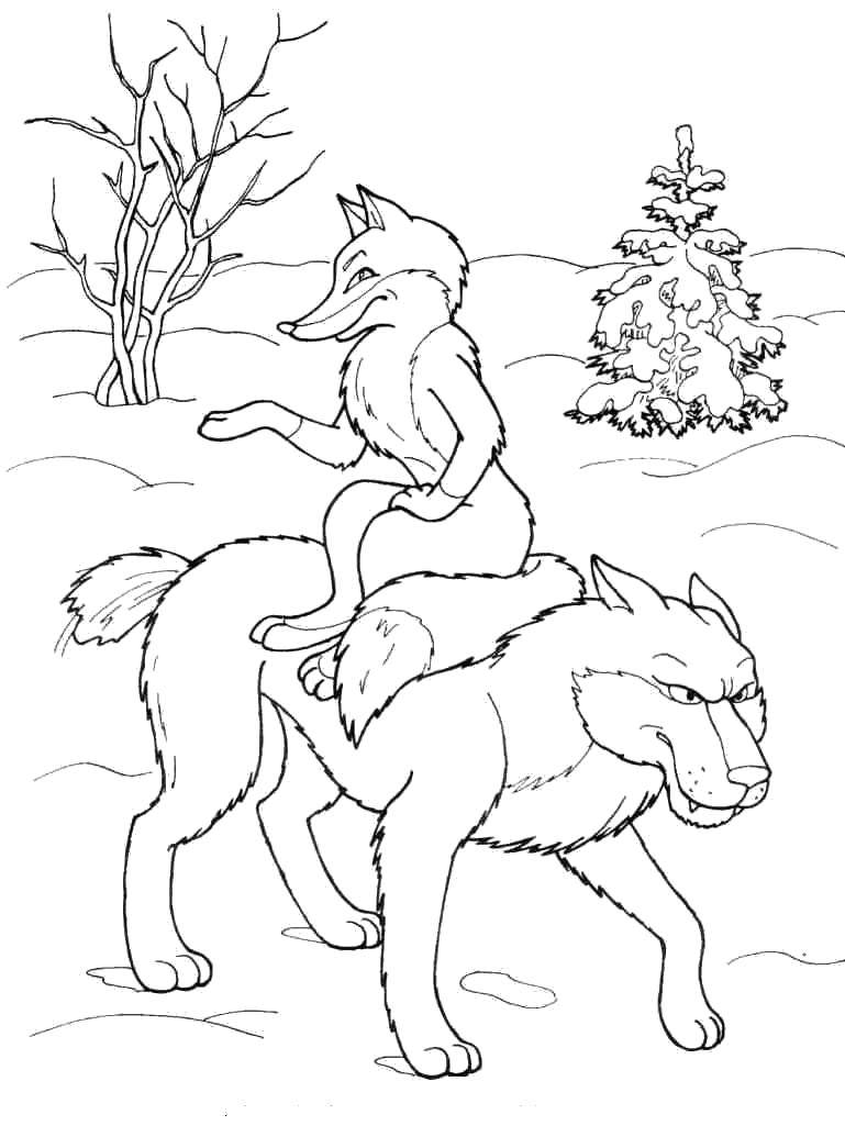 Coloring Fox rides on a wolf. Category According to pike. Tags:  Fairy tales.