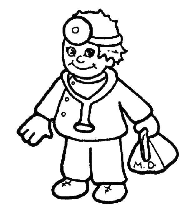 Coloring Boy doctor. Category Medical coloring pages. Tags:  boy, Bathrobe, bag.