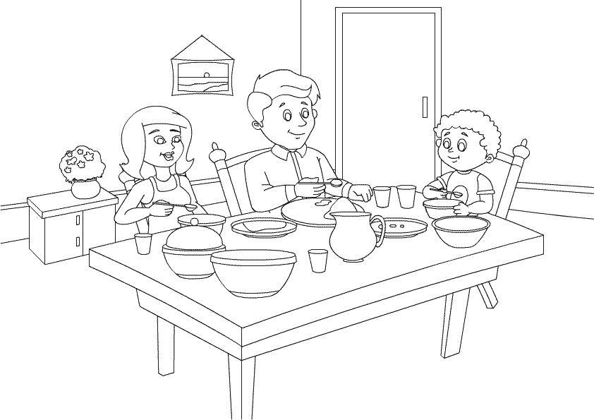 Название: Раскраска Молодая семья ужинает. Категория: Члены семьи. Теги: Семья, родители, дети.