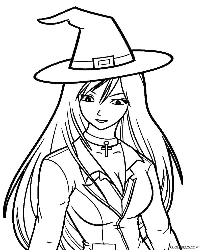 Coloring A young witch. Category witch. Tags:  witch, witches, hat.
