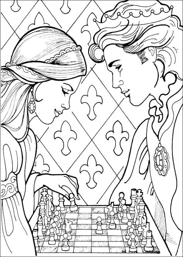 Coloring Prince and Princess playing chess. Category Chess. Tags:  the game, sports, chess, figures.