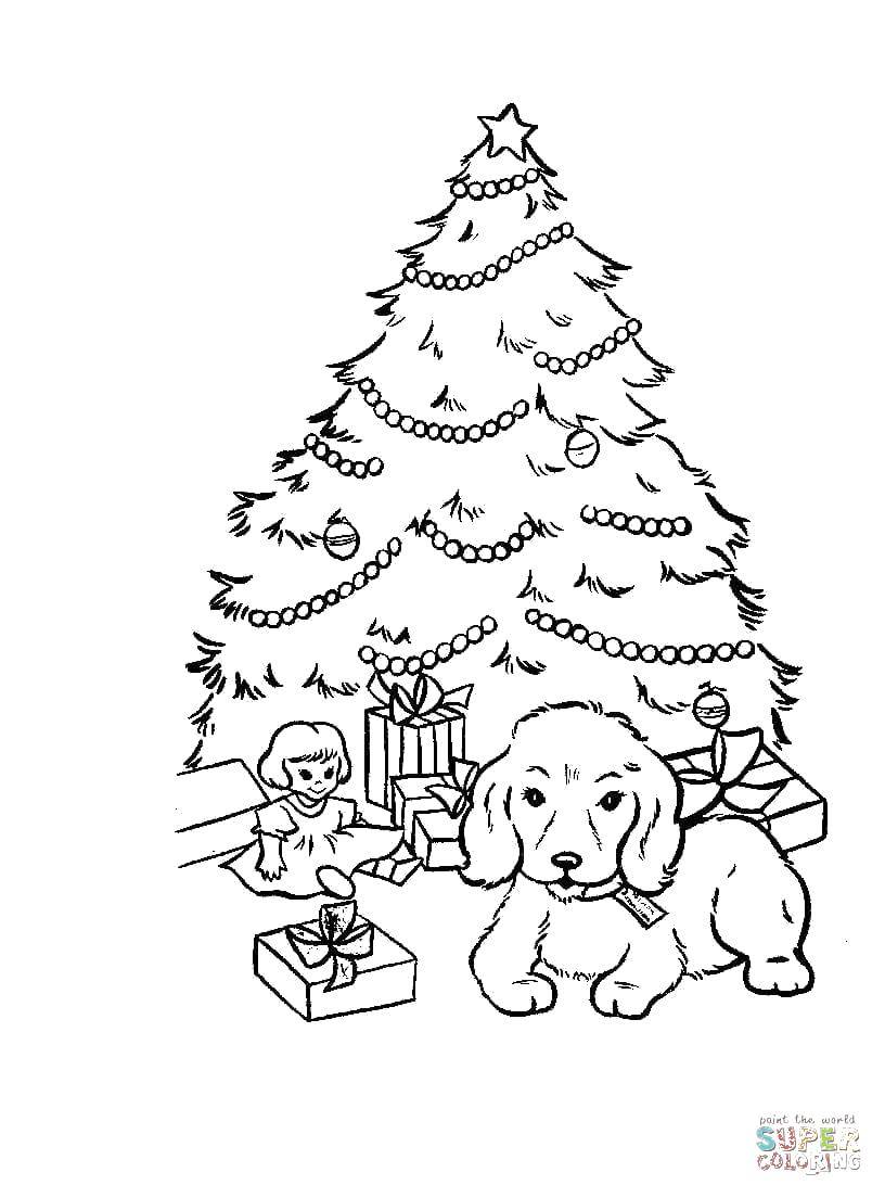 Название: Раскраска Щеночек лёг под елкой. Категория: Рождество. Теги: Рождество, ёлочная игрушка, ёлка, подарки.