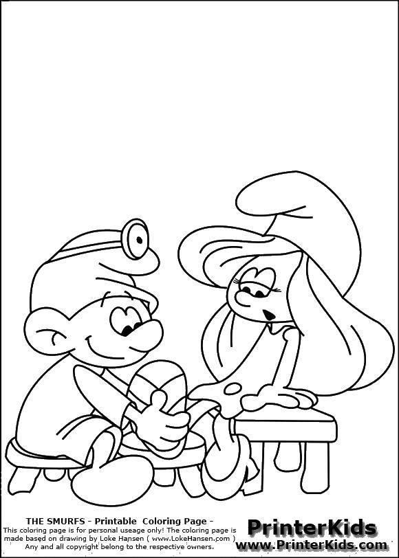 Coloring The Smurfs and the doctor. Category Medical coloring pages. Tags:  Smurfs, bandage.