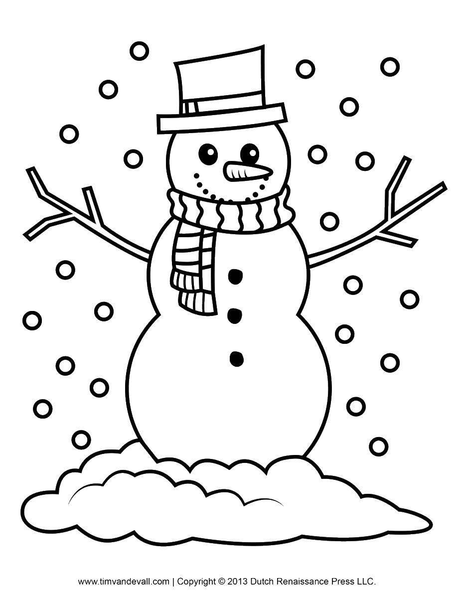 Название: Раскраска Снежок падает на снеговика. Категория: снеговик. Теги: Снеговик, снег, зима.