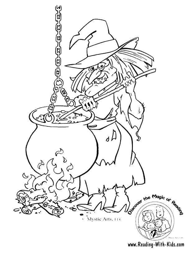 Coloring Witch and cauldron. Category witch. Tags:  witch, cauldrons, fairy tales.