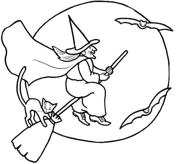 Coloring Witch on a broom.. Category witch. Tags:  witch, broom, moon.