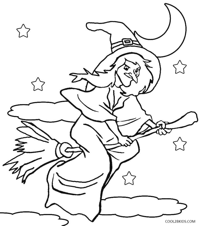 Coloring Witch on a broom. Category witch. Tags:  witch, broom, moon.
