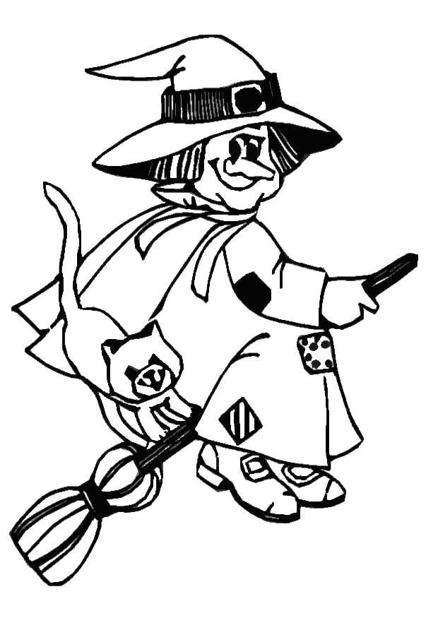 Coloring Witch with cat. Category witch. Tags:  witches, witch, broom.