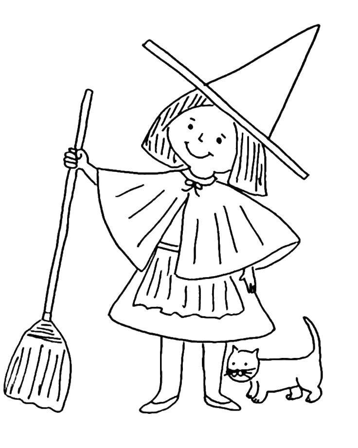 Название: Раскраска Ведьмочка с метлой. Категория: ведьма. Теги: ведьма, метла, девочка.