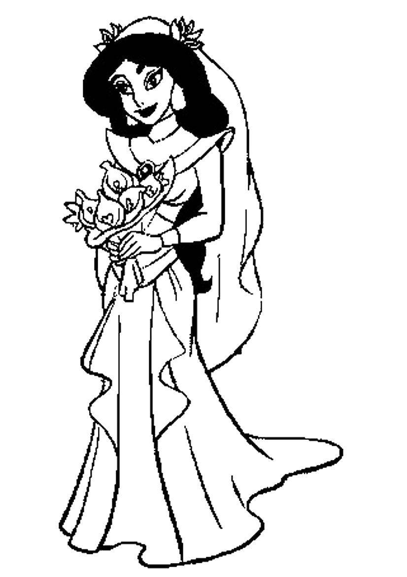 Название: Раскраска Жасмин в свадебном платье. Категория: Диснеевские мультфильмы. Теги: Жасмин, платье, фата.