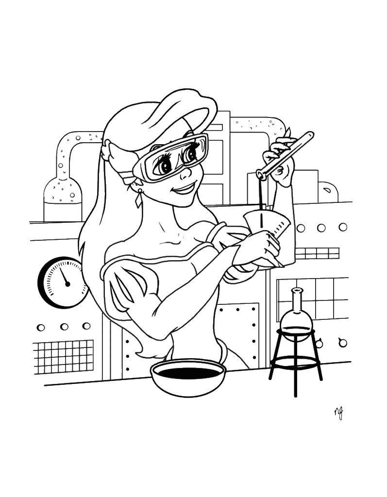 Coloring Girl chemist. Category coloring. Tags:  chemistry, girl, flask.