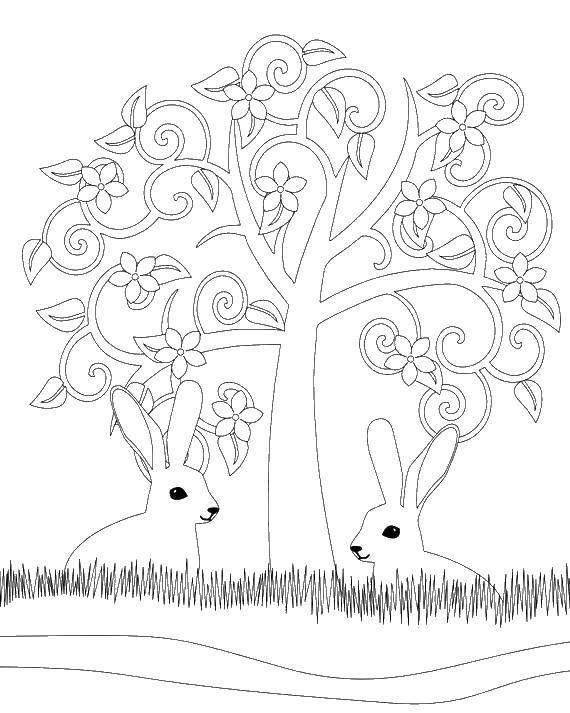 Название: Раскраска Кролики под деревом. Категория: Животные. Теги: животные, зайки, деревце, узоры.
