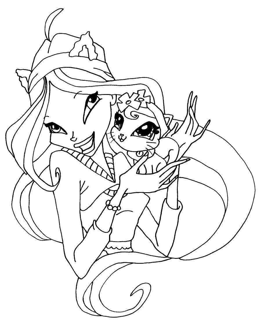 Coloring Winx fairies with the cat. Category Winx. Tags:  fairies, winx, cat.