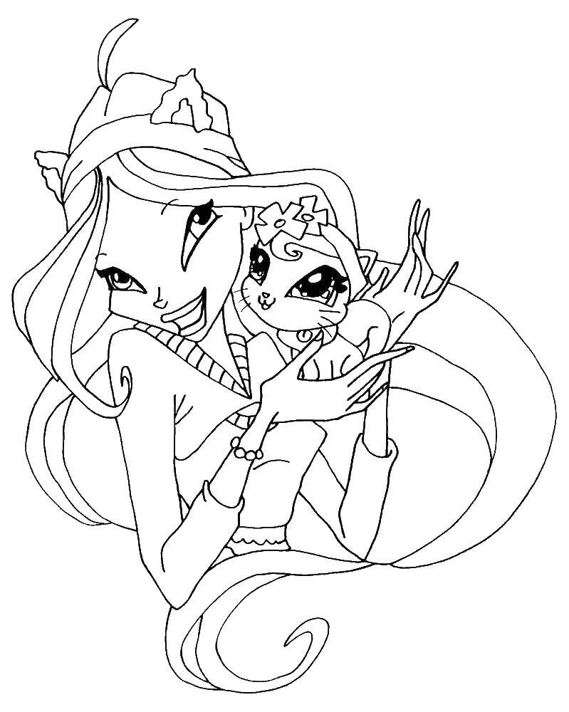 Coloring Winx fairy with cat. Category Winx. Tags:  fairies, winx, girls, cat.