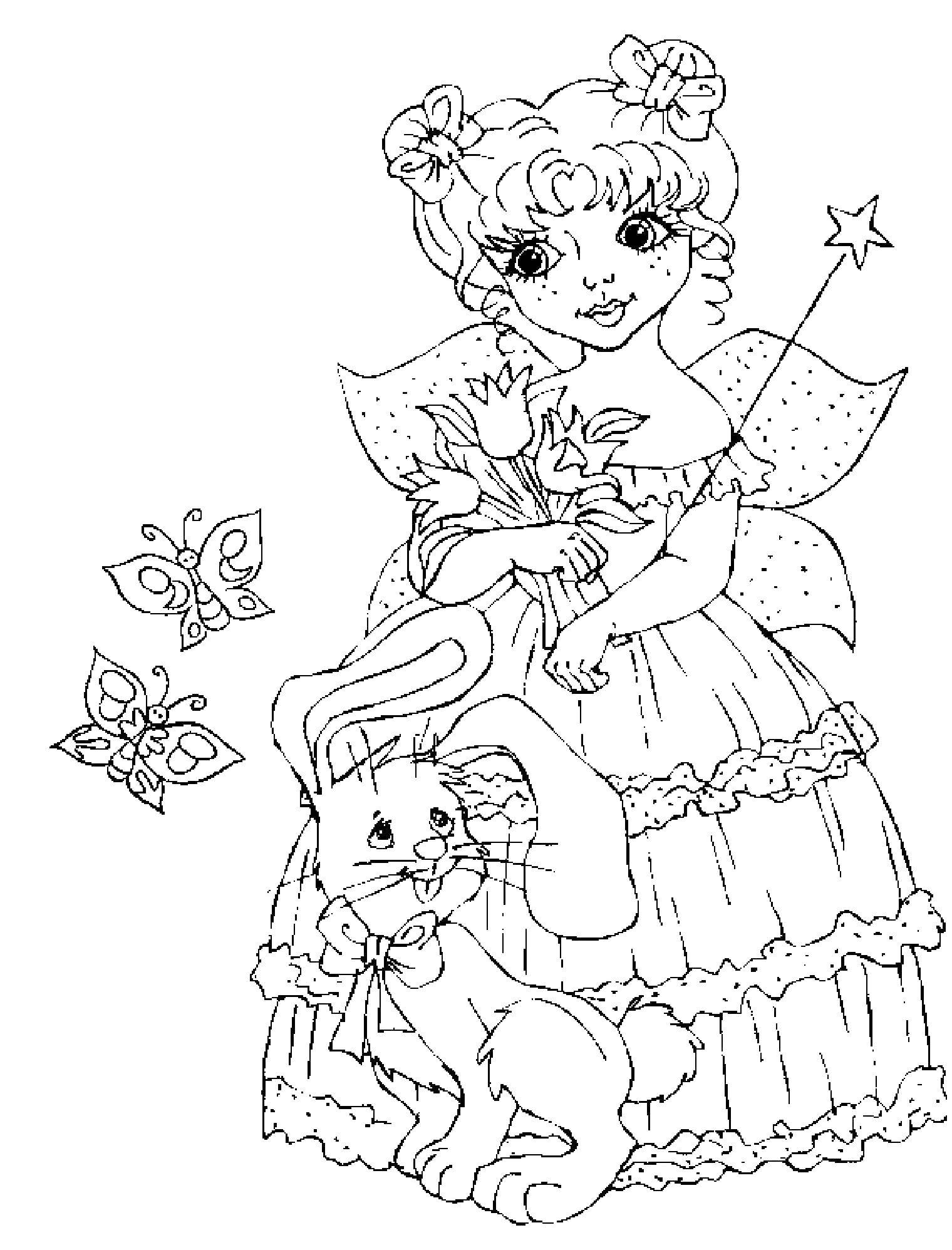 Название: Раскраска Маленькая фея с волшебной палочкой, зайка. Категория: феи. Теги: феи, крылья, девочка.