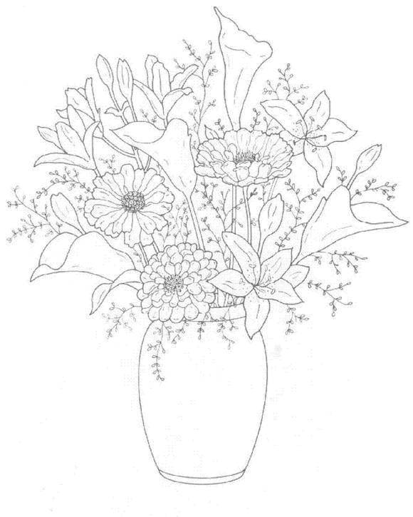 Название: Раскраска Ваза с прекрасным букетом. Категория: цветы. Теги: цветы, растения, бутоны, лепестки, ваза.