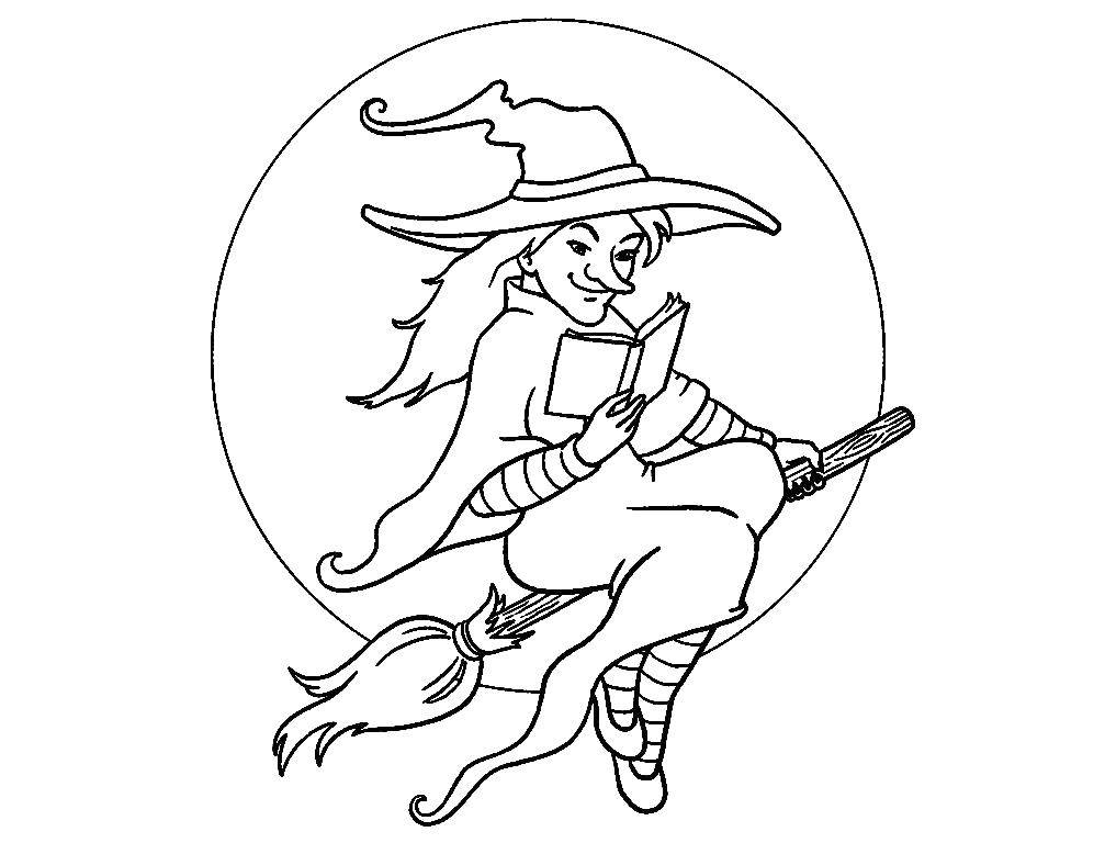 Coloring Witch on a broom. Category Fairy tales. Tags:  tale, witch, broom, moon.