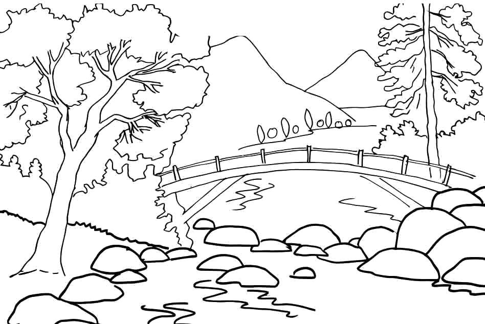 Название: Раскраска Быстрая река протекает под мостом. Категория: Природа. Теги: Природа, лес, горы, река, мост.