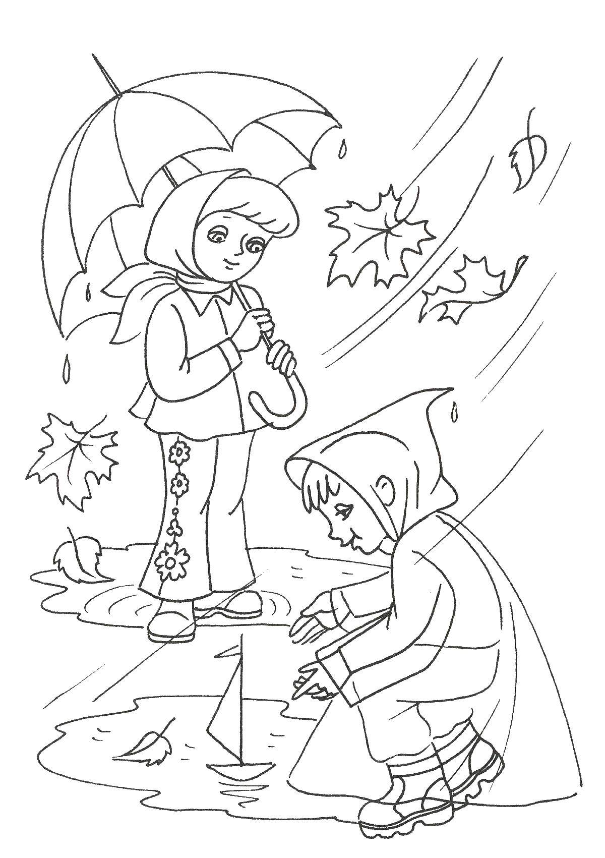 Название: Раскраска Дети играют под дождем. Категория: Люди. Теги: дети, дождь, зонтик.