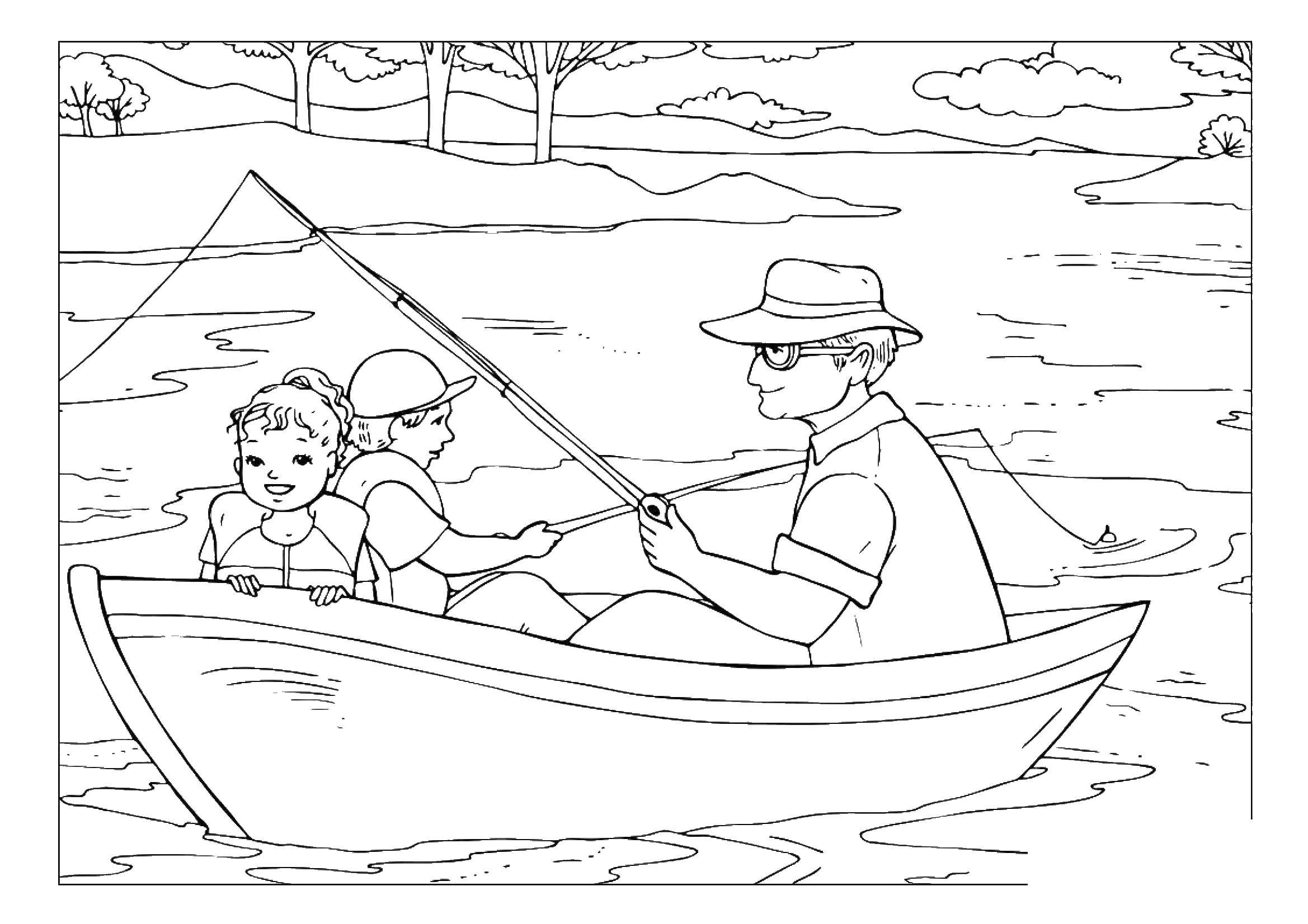 Название: Раскраска Люди рыбачать на лодке. Категория: рыбы. Теги: Рыбаловня, рыбак.