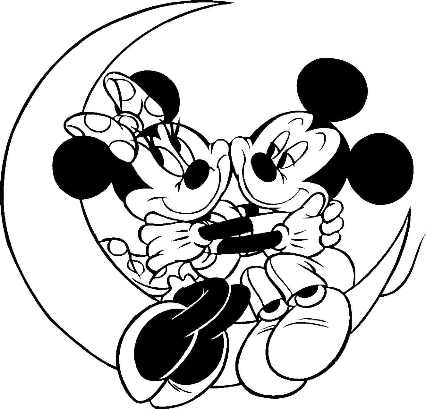 Coloring Minnie mouse and Mickey mouse hugging at the Crescent. Category Disney coloring pages. Tags:  Disney, Mickey Mouse, Minnie Mouse.