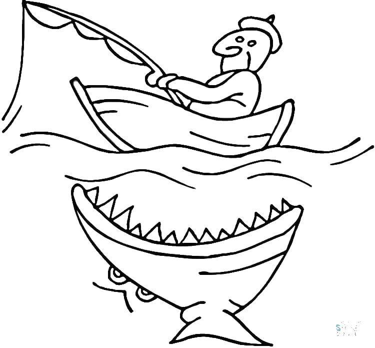 Название: Раскраска Рыбак на лодке и пирания. Категория: Рыбы. Теги: Рыбаловня, рыбак.
